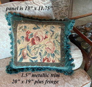 Superb 20" x 19" Throw Pillow, Antique French Aubusson Tapestry Fragment, Metallic Trim, Fringe