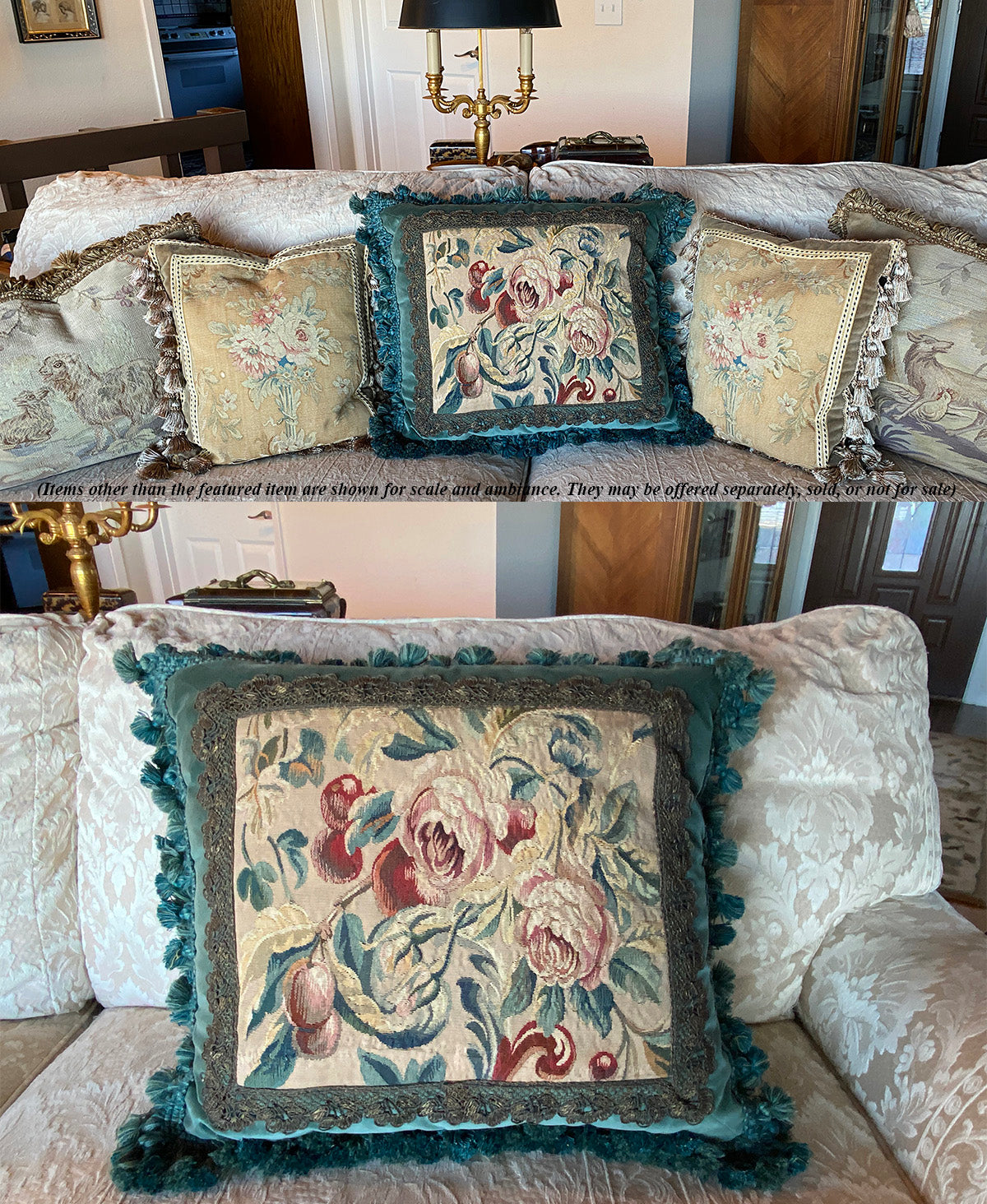 Superb 20" x 19" Throw Pillow, Antique French Aubusson Tapestry Fragment, Metallic Trim, Fringe