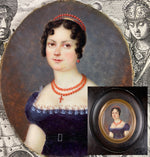 Antique French HP Napoleon Era Portrait Miniature, Red Coral Tiara and Necklace, Beautiful Woman