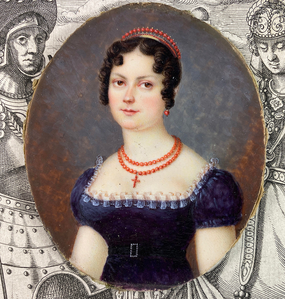 Antique French HP Napoleon Era Portrait Miniature, Red Coral Tiara and Necklace, Beautiful Woman