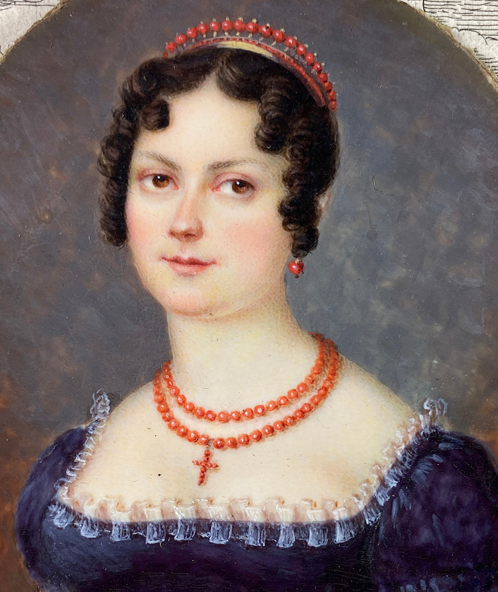 Antique French HP Napoleon Era Portrait Miniature, Red Coral Tiara and Necklace, Beautiful Woman