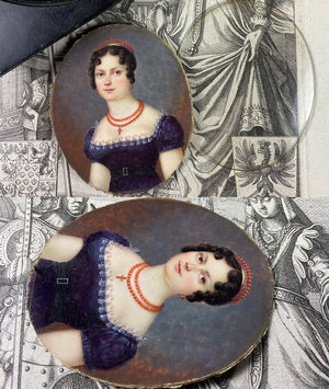 Antique French HP Napoleon Era Portrait Miniature, Red Coral Tiara and Necklace, Beautiful Woman