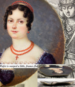 Antique French HP Napoleon Era Portrait Miniature, Red Coral Tiara and Necklace, Beautiful Woman