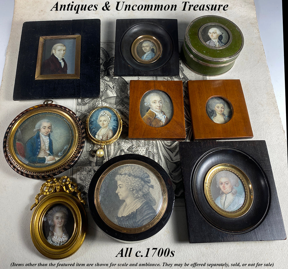 Tiny Antique French c.1770s Portrait Miniature in Dore Bronze Bow Top Frame, Louis XVI Era