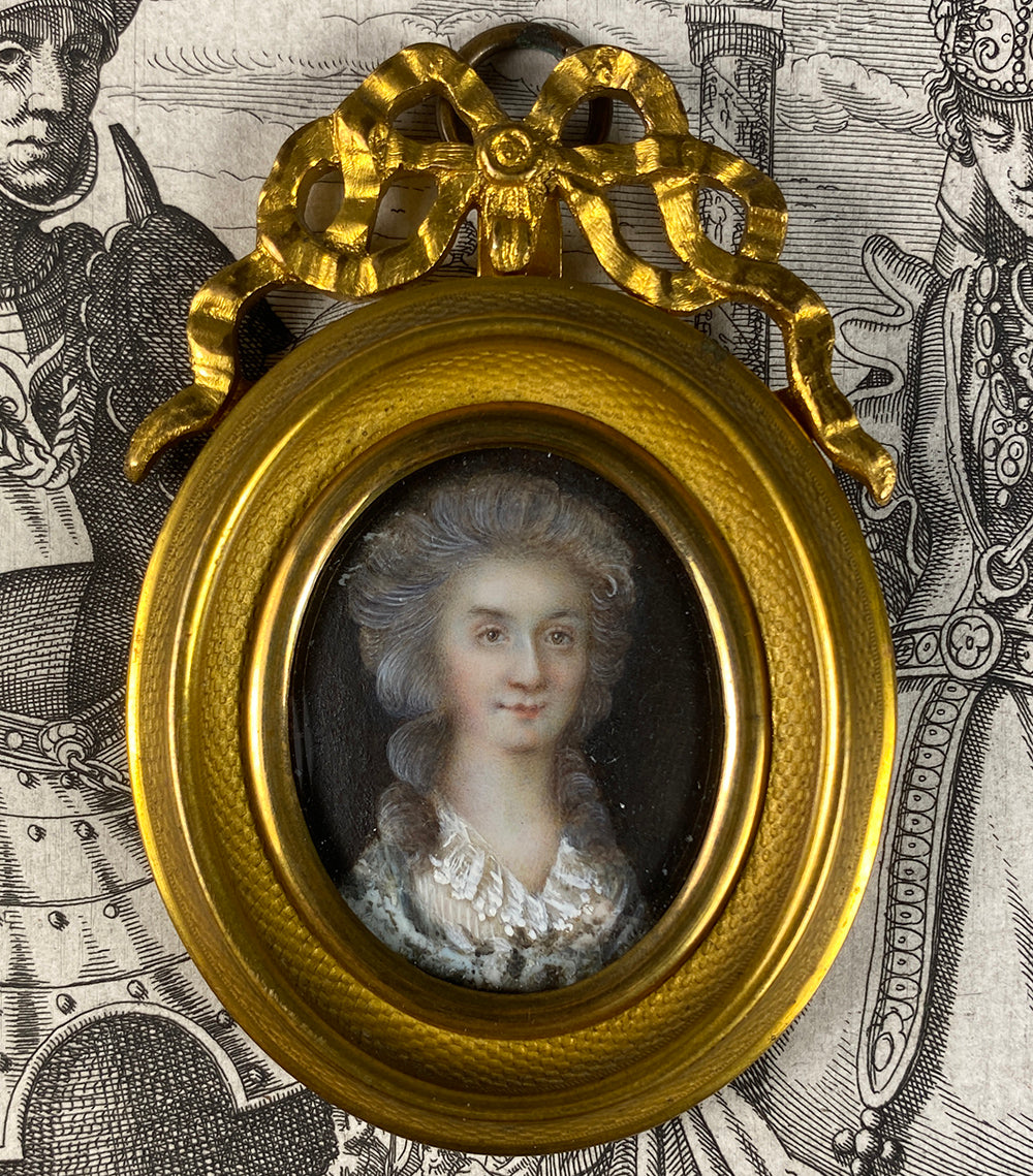 Tiny Antique French c.1770s Portrait Miniature in Dore Bronze Bow Top Frame, Louis XVI Era