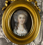 Tiny Antique French c.1770s Portrait Miniature in Dore Bronze Bow Top Frame, Louis XVI Era