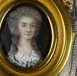 Tiny Antique French c.1770s Portrait Miniature in Dore Bronze Bow Top Frame, Louis XVI Era