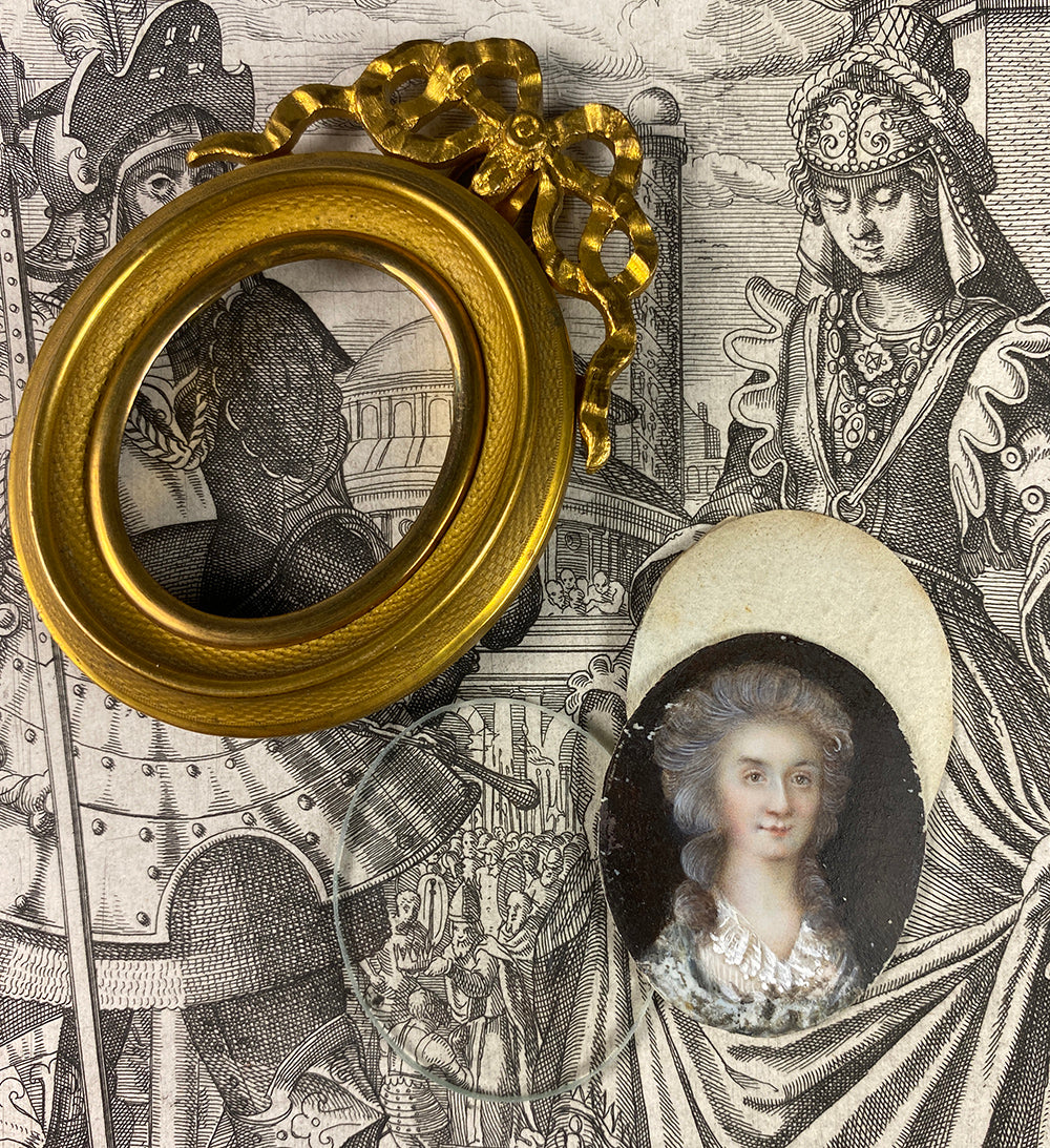 Tiny Antique French c.1770s Portrait Miniature in Dore Bronze Bow Top Frame, Louis XVI Era