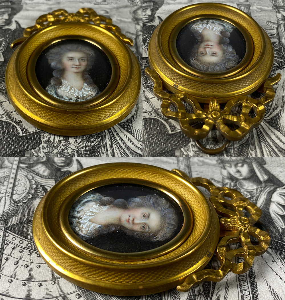 Tiny Antique French c.1770s Portrait Miniature in Dore Bronze Bow Top Frame, Louis XVI Era