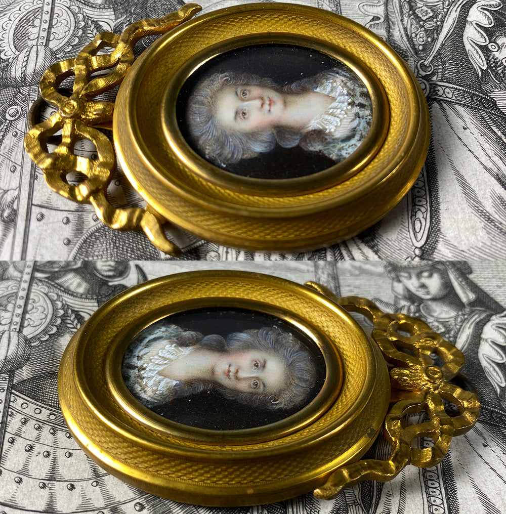 Tiny Antique French c.1770s Portrait Miniature in Dore Bronze Bow Top Frame, Louis XVI Era