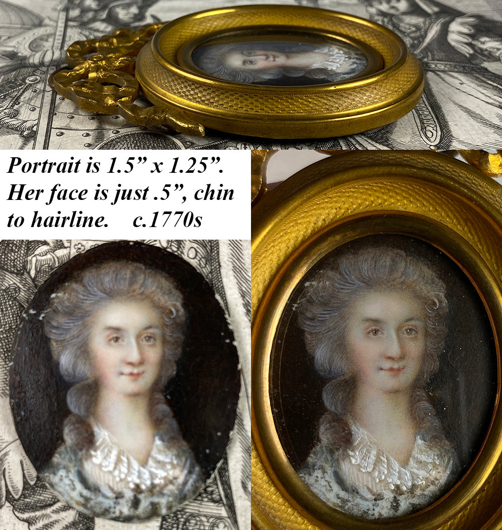 Tiny Antique French c.1770s Portrait Miniature in Dore Bronze Bow Top Frame, Louis XVI Era