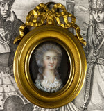 Tiny Antique French c.1770s Portrait Miniature in Dore Bronze Bow Top Frame, Louis XVI Era