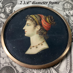 Fine Antique French Napoleonic Empire Portrait Miniature, Woman in Profile, Tiara and Necklace