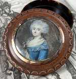 Antique c.1750-70s French Portrait Miniature Snuff Box, 18k Gold Pique and Mat, Vernis Martin