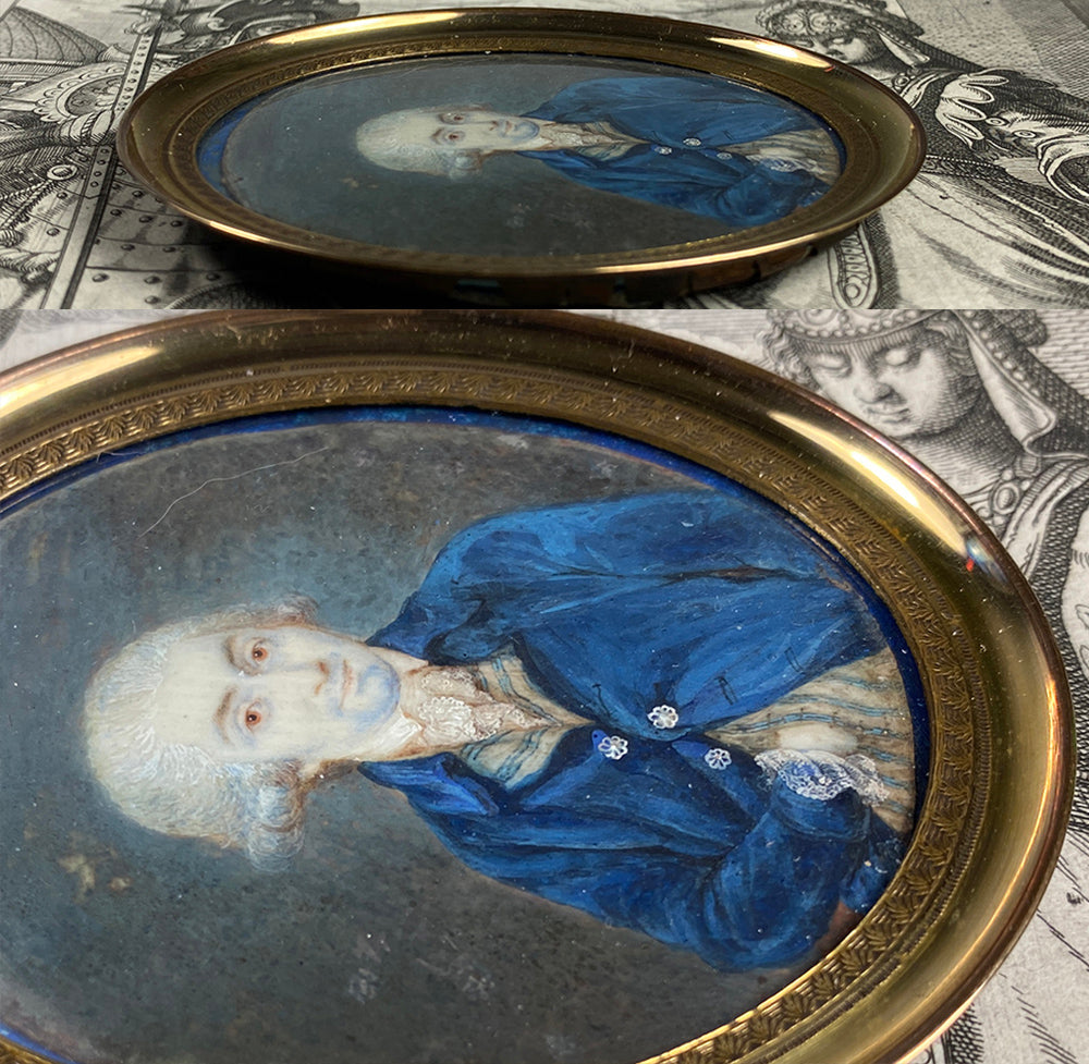 Antique c.1750-80 French Portrait Miniature of a Gentleman, Powdered Wig, Louis XVI