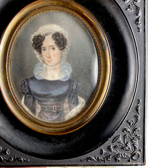 Antique French c.1830s Portrait Miniature Pair (2), Gutta Percha Frames, Fur Coat, Lace Bonnet