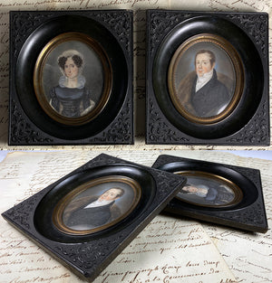 Antique French c.1830s Portrait Miniature Pair (2), Gutta Percha Frames, Fur Coat, Lace Bonnet