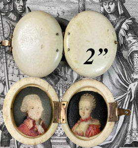 Antique French c.1750s Portrait Miniature Pair, Ivory Case, Etui, Marie-Antoinette