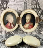 Antique French c.1750s Portrait Miniature Pair, Ivory Case, Etui, Marie-Antoinette