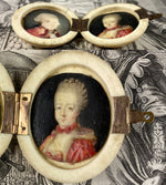 Antique French c.1750s Portrait Miniature Pair, Ivory Case, Etui, Marie-Antoinette