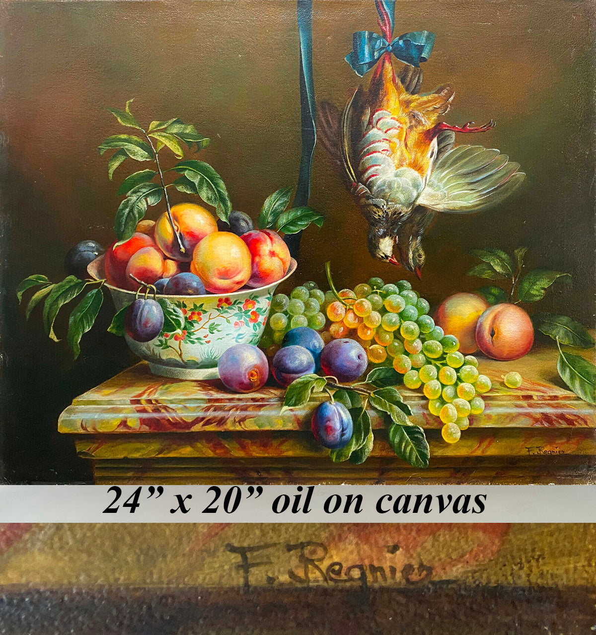 Fine Antique French 24" x 20" Oil Painting on Canvas, Still Life, Nature Morte, Artist Signed