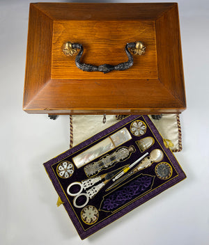 Superb Antique c.1810 French Palais Royal Sewing Box, Chest, Mother of Pearl and 18k Gold Tools, Perfume