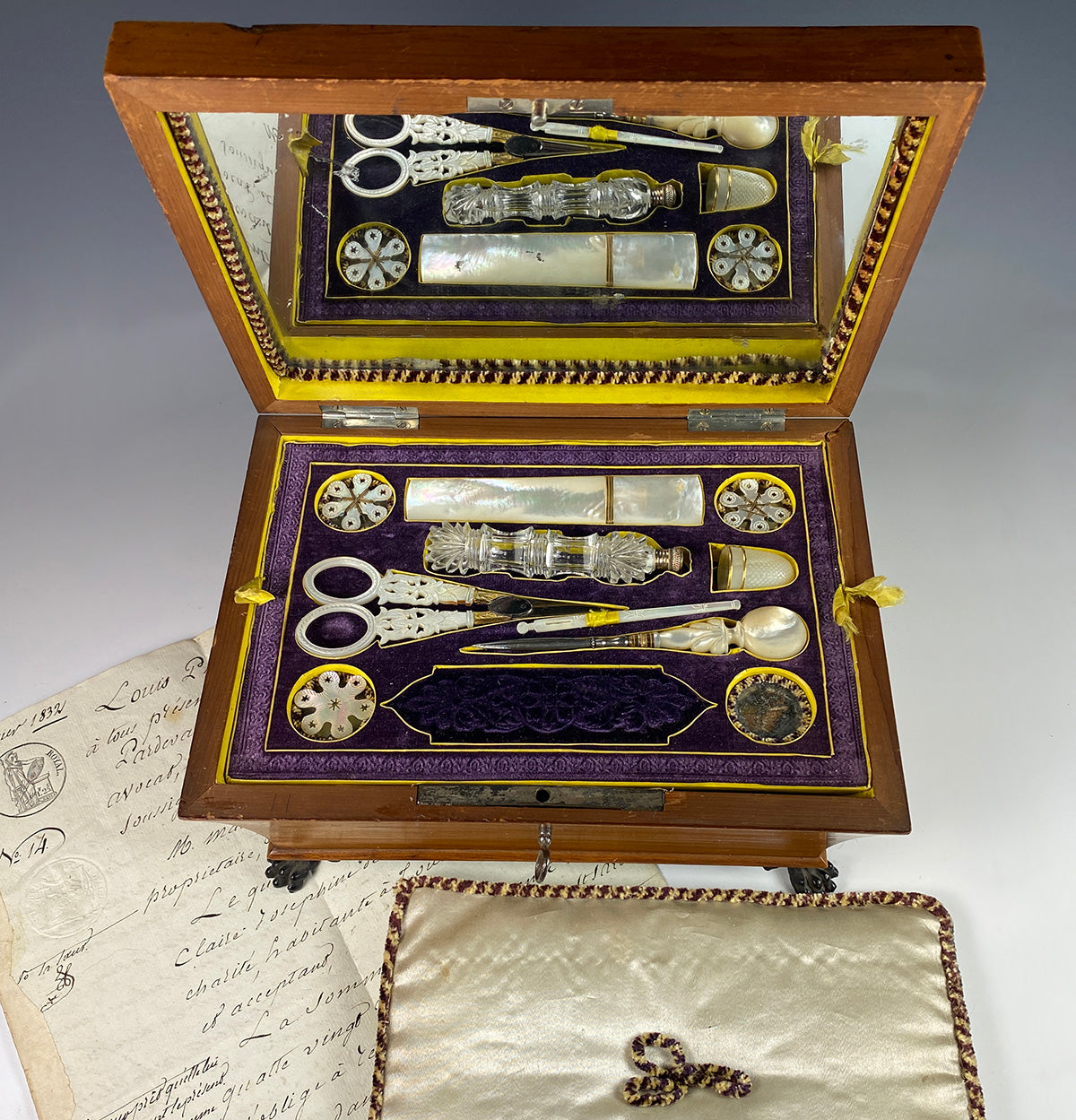 Superb Antique c.1810 French Palais Royal Sewing Box, Chest, Mother of Pearl and 18k Gold Tools, Perfume