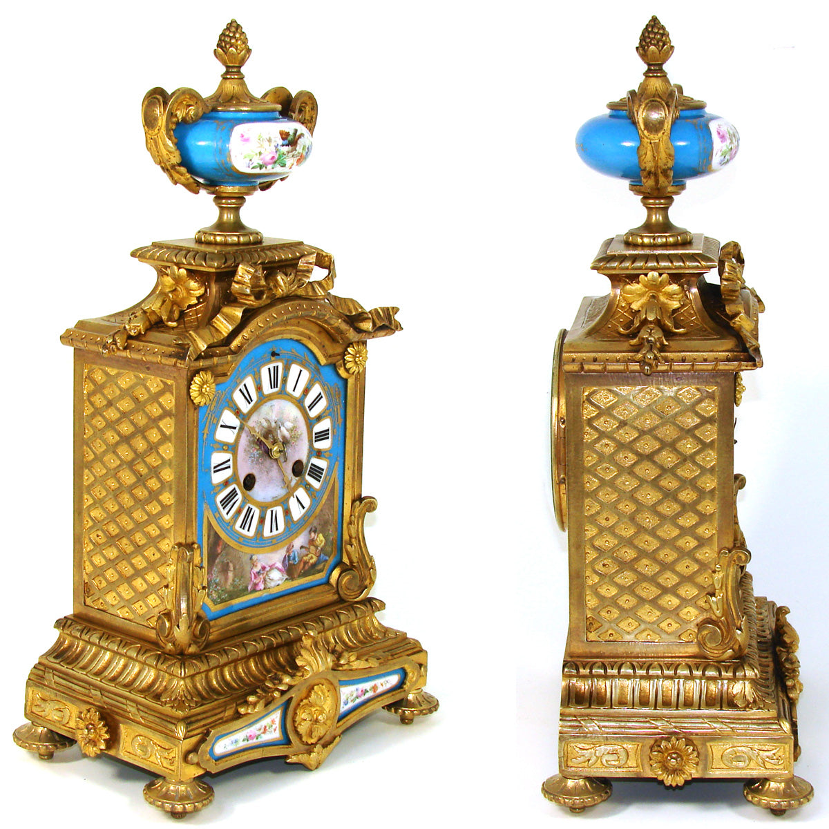 Rare Antique French Napoleon III Era 15.5" Mantel Clock, Gilt Bronze & HP Sevres or Paris Porcelain