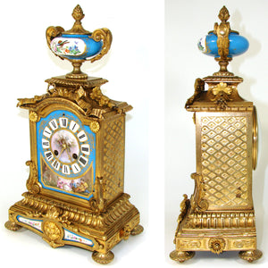 Rare Antique French Napoleon III Era 15.5" Mantel Clock, Gilt Bronze & HP Sevres or Paris Porcelain