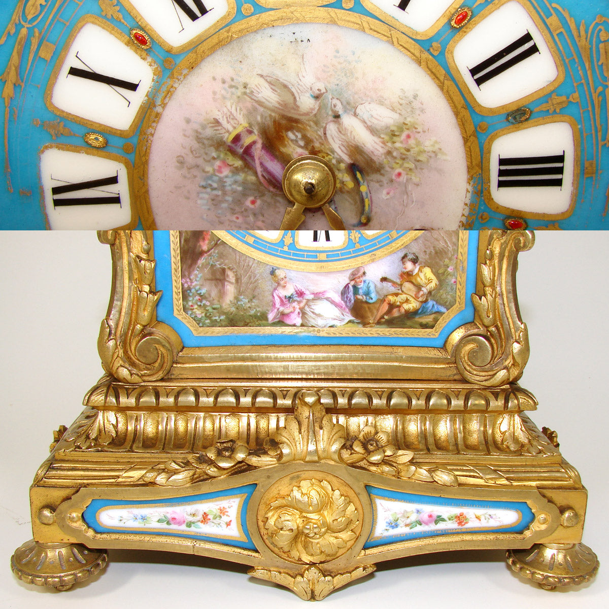 Rare Antique French Napoleon III Era 15.5" Mantel Clock, Gilt Bronze & HP Sevres or Paris Porcelain