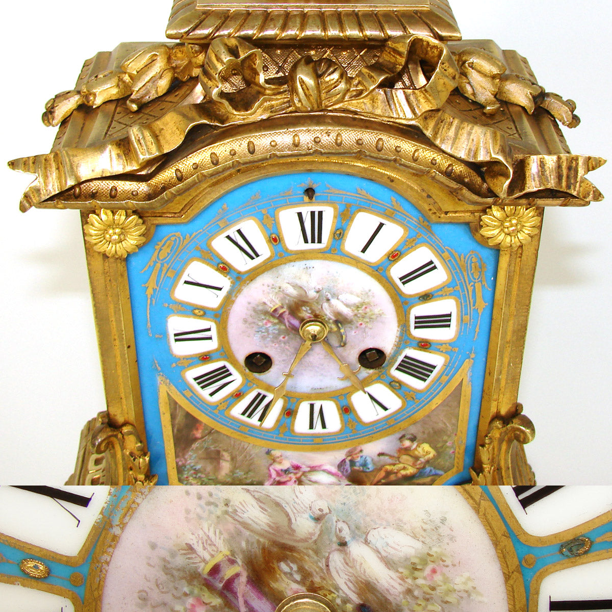 Rare Antique French Napoleon III Era 15.5" Mantel Clock, Gilt Bronze & HP Sevres or Paris Porcelain