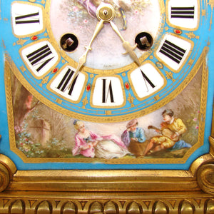 Rare Antique French Napoleon III Era 15.5" Mantel Clock, Gilt Bronze & HP Sevres or Paris Porcelain