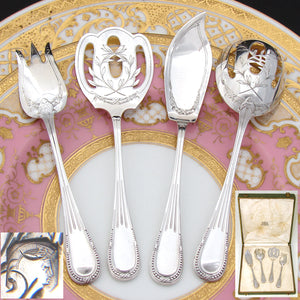 Fine Antique French Sterling Silver 4pc Hors d'Oeuvre Serving Set, Bead Festooned Pattern