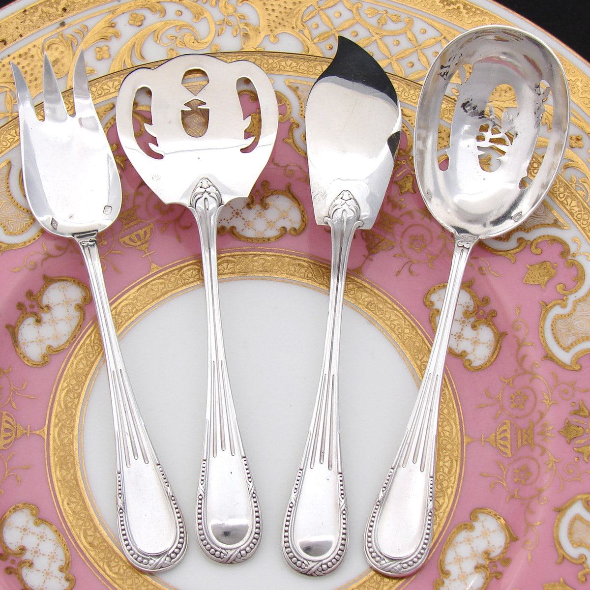 Fine Antique French Sterling Silver 4pc Hors d'Oeuvre Serving Set, Bead Festooned Pattern