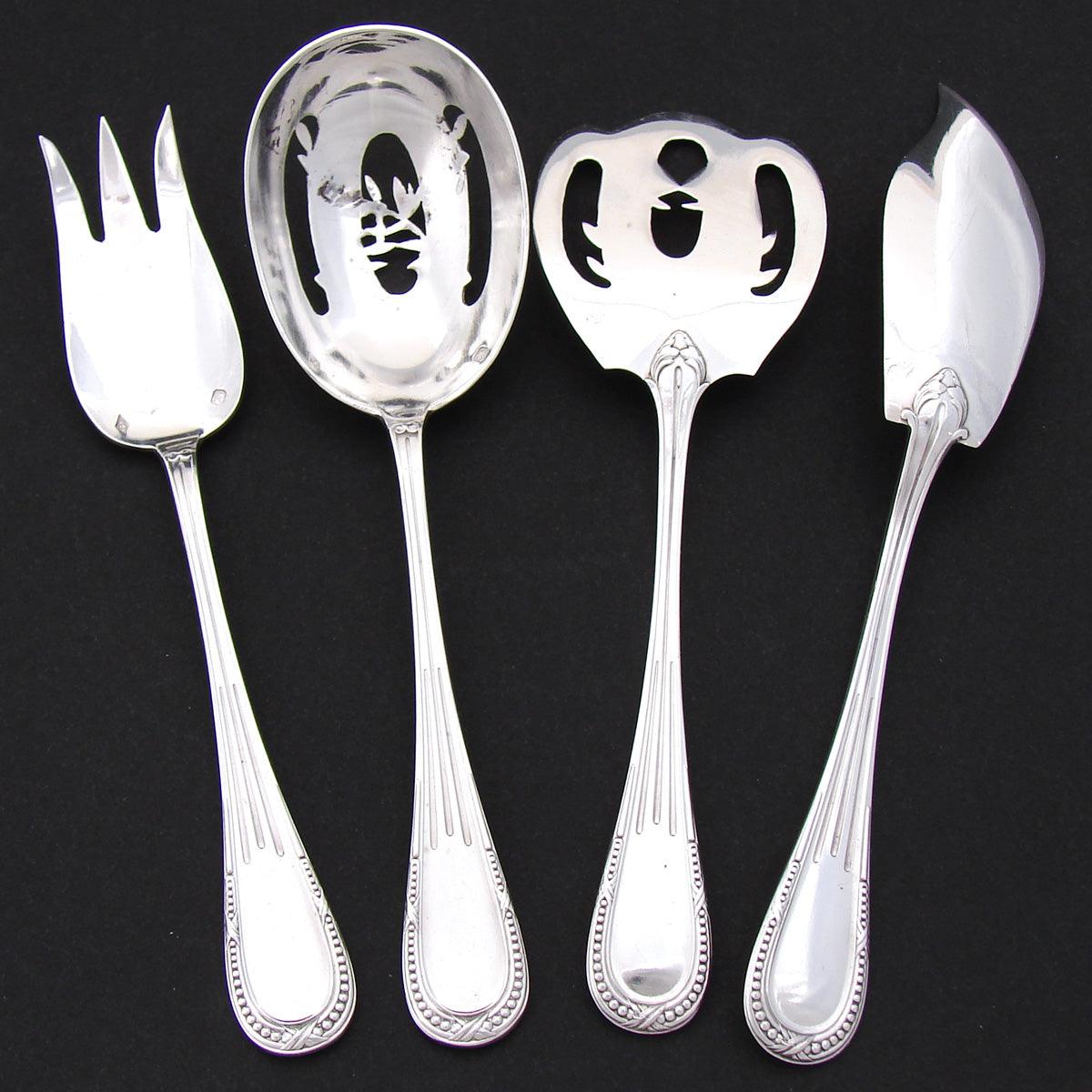 Fine Antique French Sterling Silver 4pc Hors d'Oeuvre Serving Set, Bead Festooned Pattern