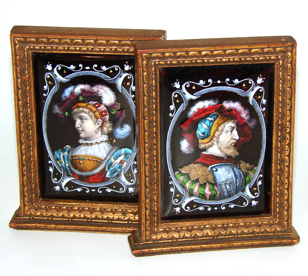RARE! Antique French Limoges Kiln-fired Enamel Portrait Miniature PAIR, Gilt Gesso Frames