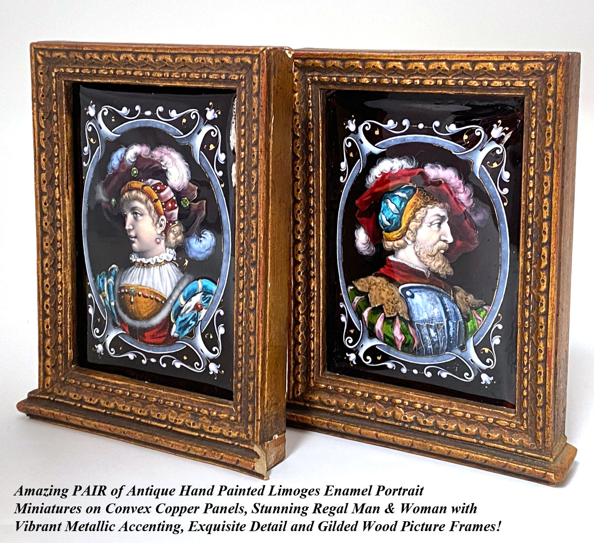 RARE! Antique French Limoges Kiln-fired Enamel Portrait Miniature PAIR, Gilt Gesso Frames