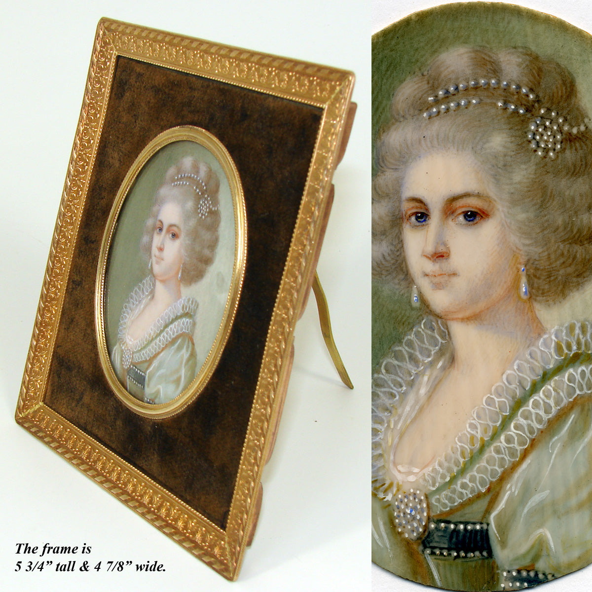 Antique French Portrait Miniature, Woman with Pearl Jewelry, Gilt Bronze Frame