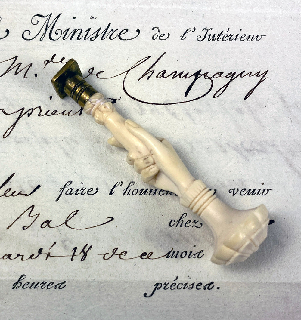 Rare Early 1800s Hand Carved Dieppe Ivory Wax Seal, Sceau, Clasping Hands, Cachet