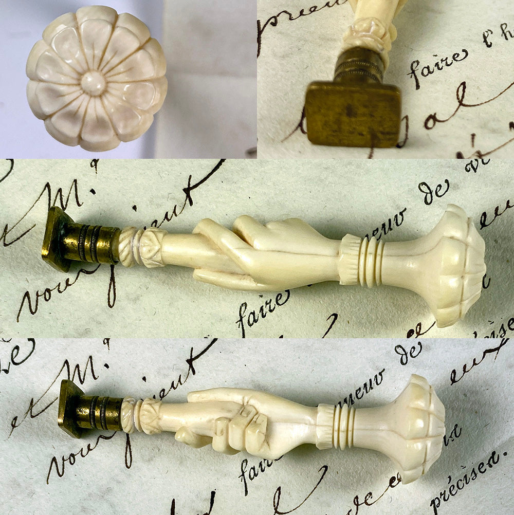 Rare Early 1800s Hand Carved Dieppe Ivory Wax Seal, Sceau, Clasping Hands, Cachet