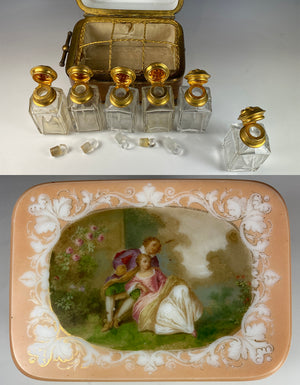 Fine Antique French Opaline Glass Scent Caddy, 6 Original Perfume Bottles Still Inside, EC