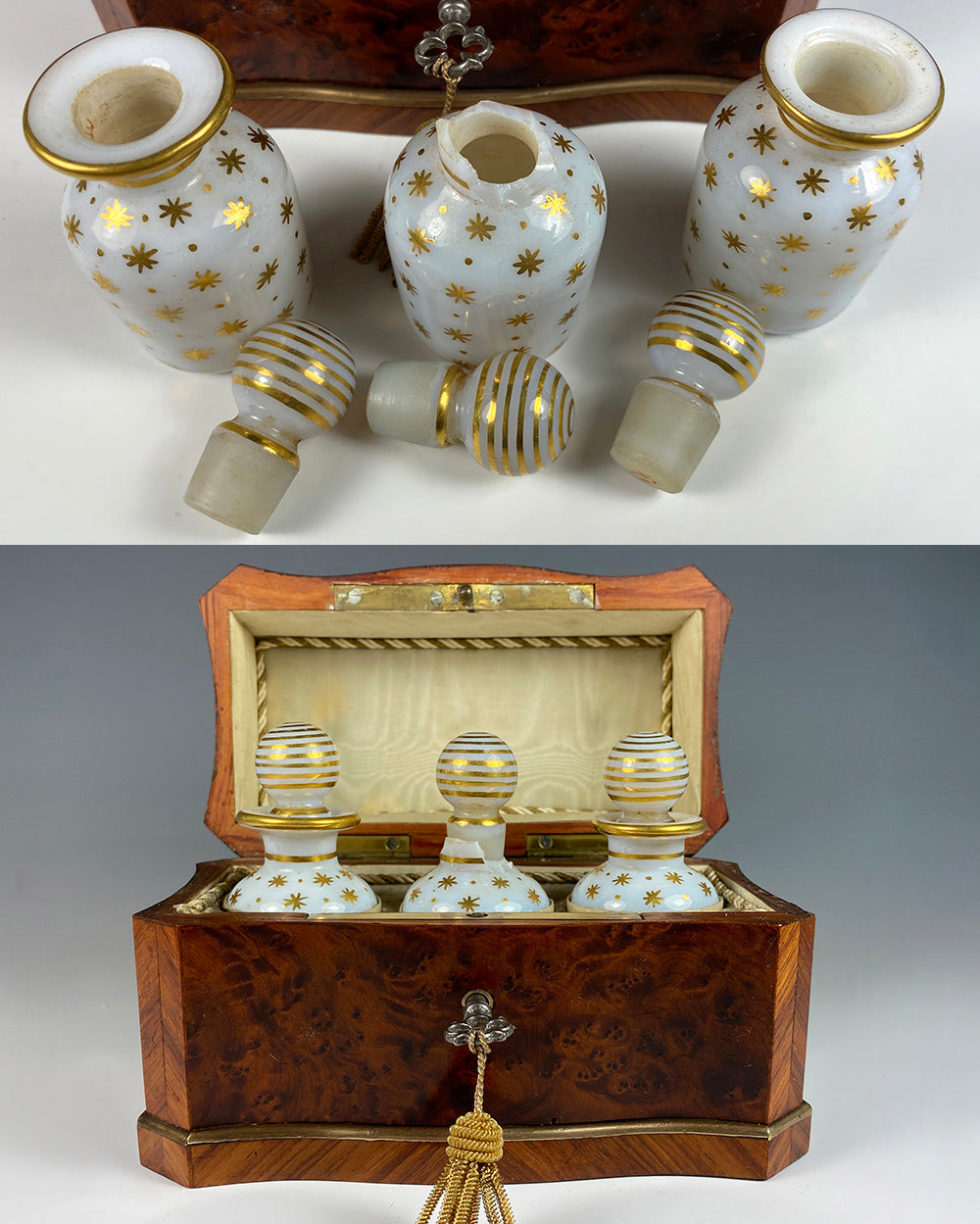 Antique French Kingwood and Burl Scent Caddy, 3 Original White Opaline Perfume Bottles