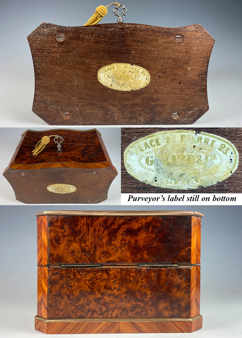 Antique French Kingwood and Burl Scent Caddy, 3 Original White Opaline Perfume Bottles