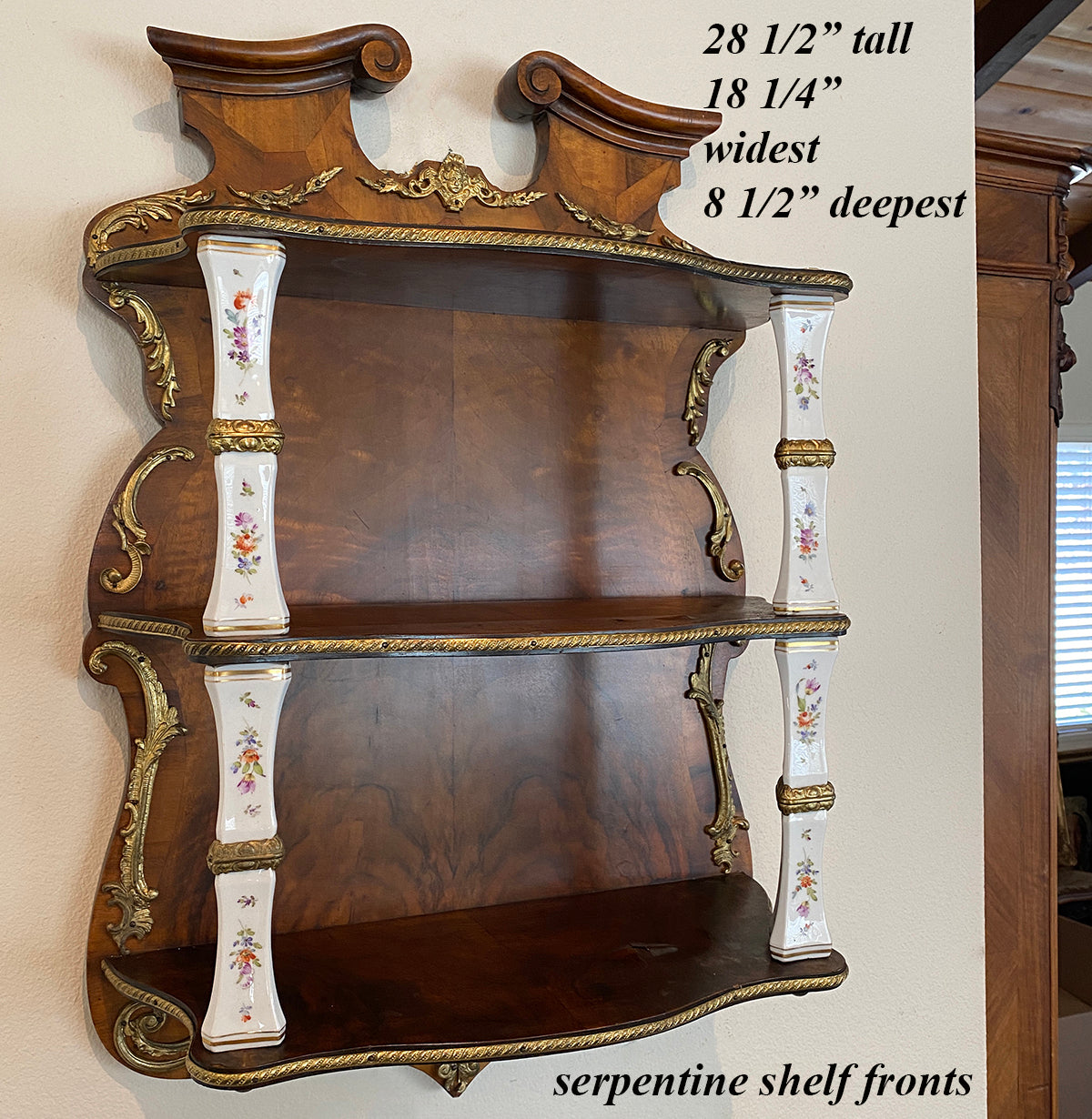 Fine 19th c. Antique French 3-Tier Kingwood and Ormolu, Porcelain Wall Shelf, 28.5" Tall, Louis XVI Aesthetic