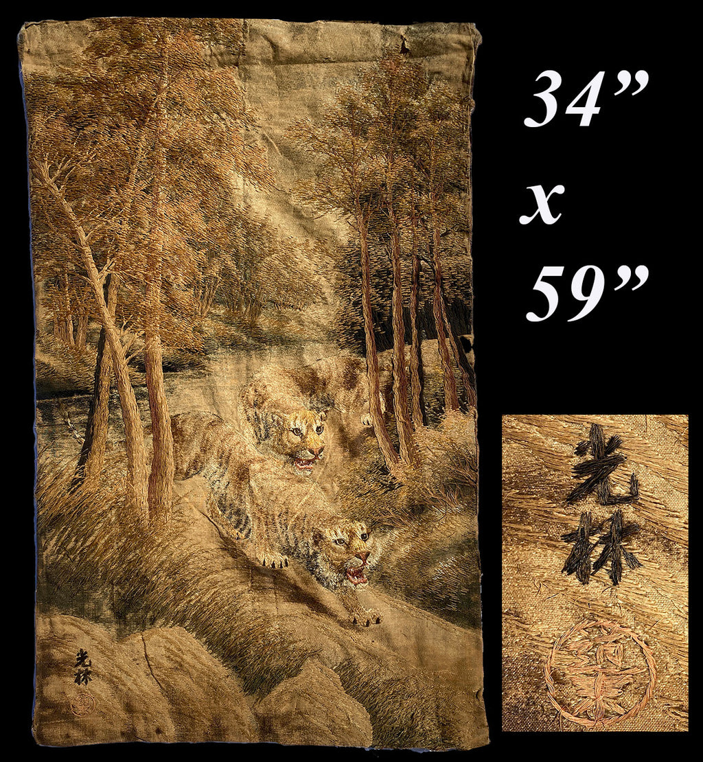 RARE Antique 18th to 19th Century Japanese Silk Embroidery Tapestry, Signed, All the Good Luck of Chinese Tigers