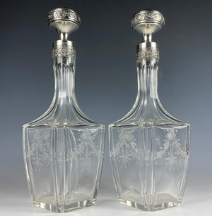 Antique 19th Century French Sterling Silver, Engraved Crystal Liqueur Decanter Set, 6 Cordial Cups