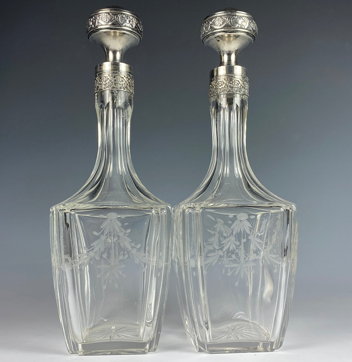 Antique 19th Century French Sterling Silver, Engraved Crystal Liqueur Decanter Set, 6 Cordial Cups