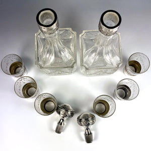 Antique 19th Century French Sterling Silver, Engraved Crystal Liqueur Decanter Set, 6 Cordial Cups