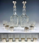 Antique 19th Century French Sterling Silver, Engraved Crystal Liqueur Decanter Set, 6 Cordial Cups