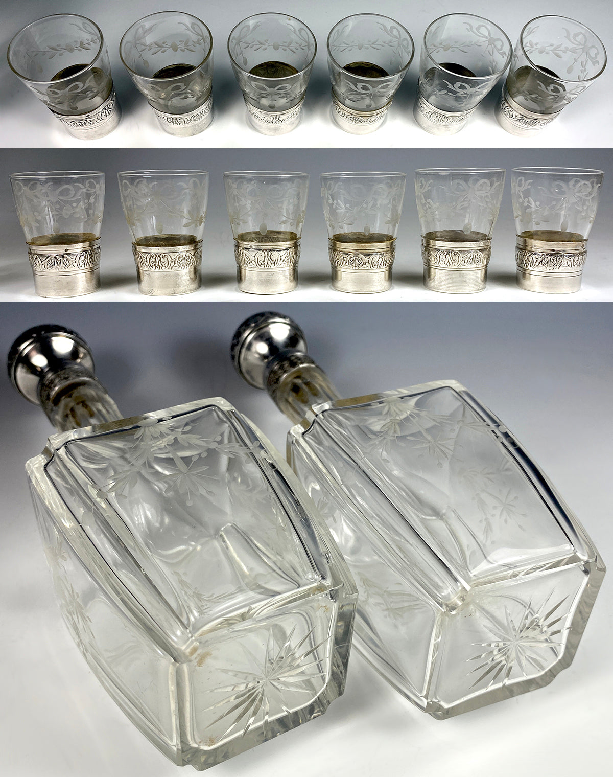 Antique 19th Century French Sterling Silver, Engraved Crystal Liqueur Decanter Set, 6 Cordial Cups